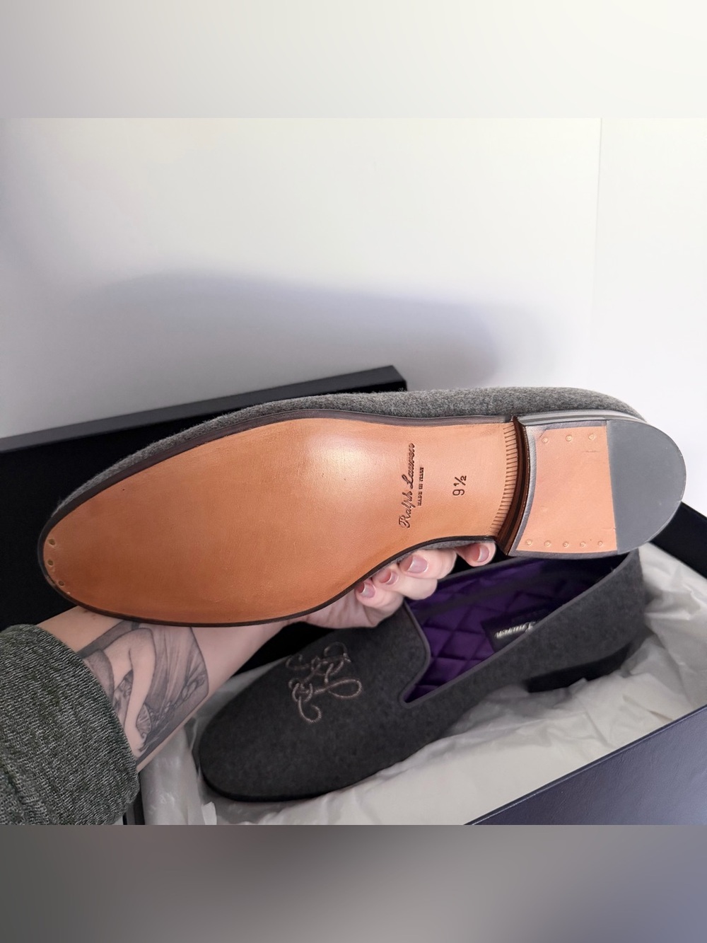 Ralph Lauren Purple Label Alonzo Plaid Wool Tweed Slipper in Grey NIB NWT - Picture 12 of 13